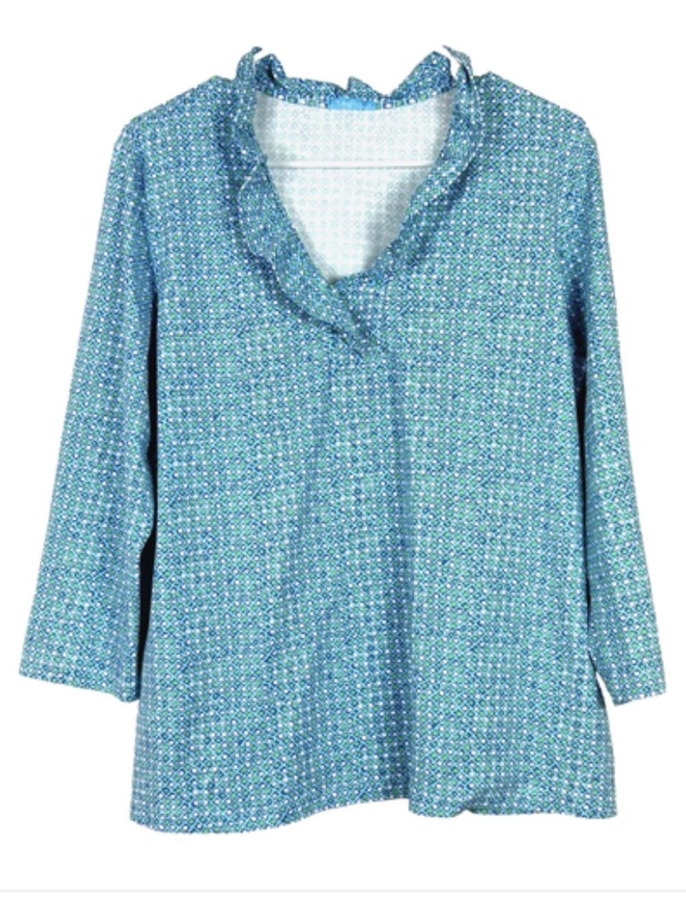 J. McLaughlin Ruffle V-Neck Blue White Green Printed 3/4 Sleeve Top XL